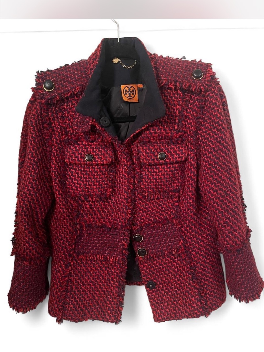 Tory Burch Kingston Tweed Military Jacket Red Navy Frayed Fringe Size 6